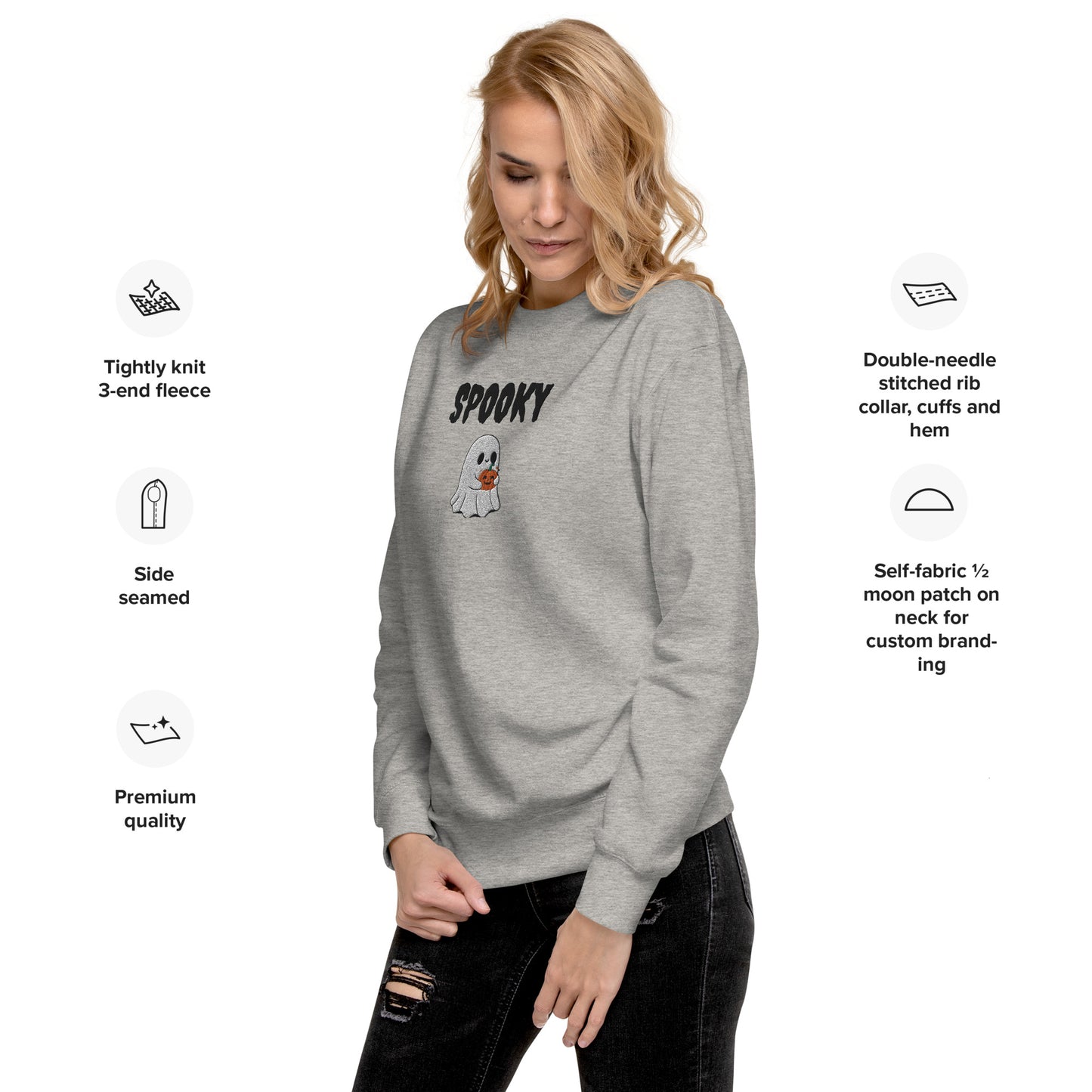 Embroidered Spooky Halloween Sweatshirt - Cozy & Cute Women's Crewneck | Fall Fashion | Ghost Graphic Sweater