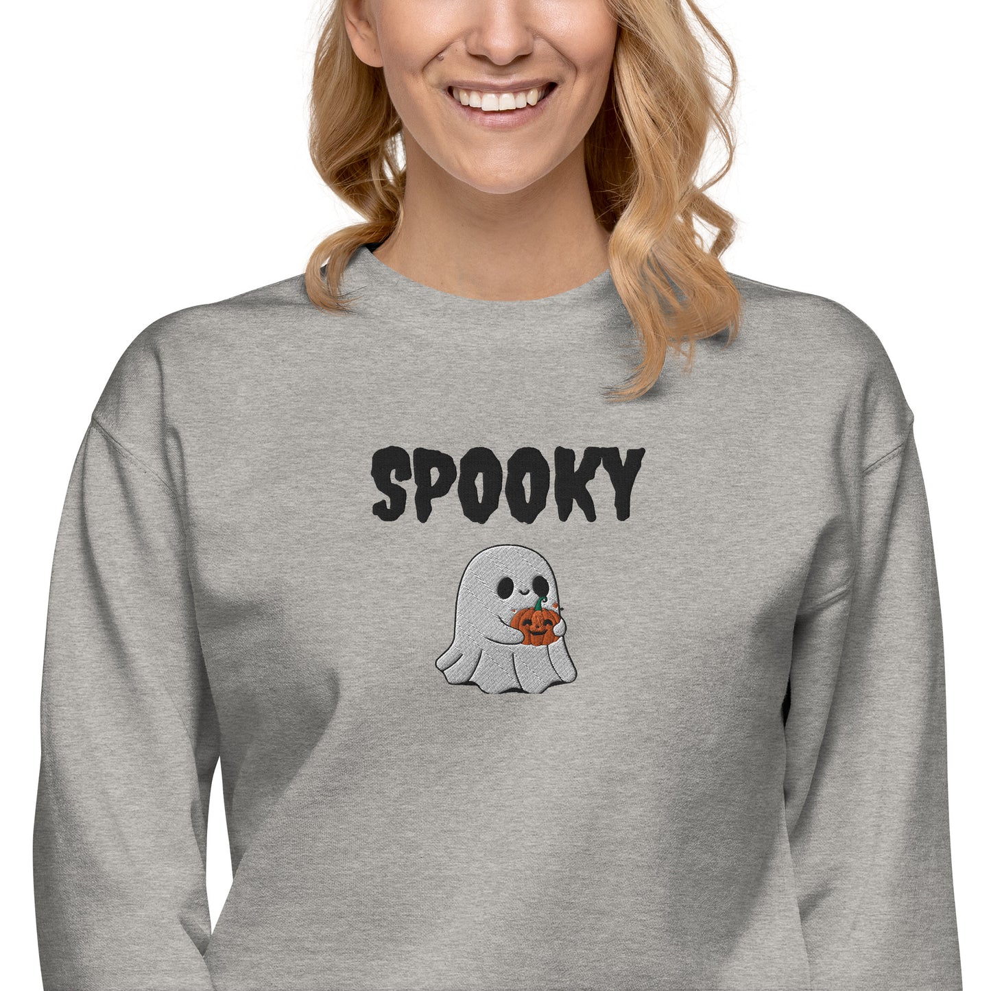 Embroidered Spooky Halloween Sweatshirt - Cozy & Cute Women's Crewneck | Fall Fashion | Ghost Graphic Sweater