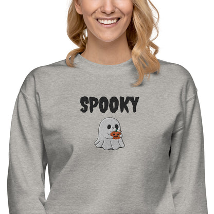 Embroidered Spooky Halloween Sweatshirt - Cozy & Cute Women's Crewneck | Fall Fashion | Ghost Graphic Sweater