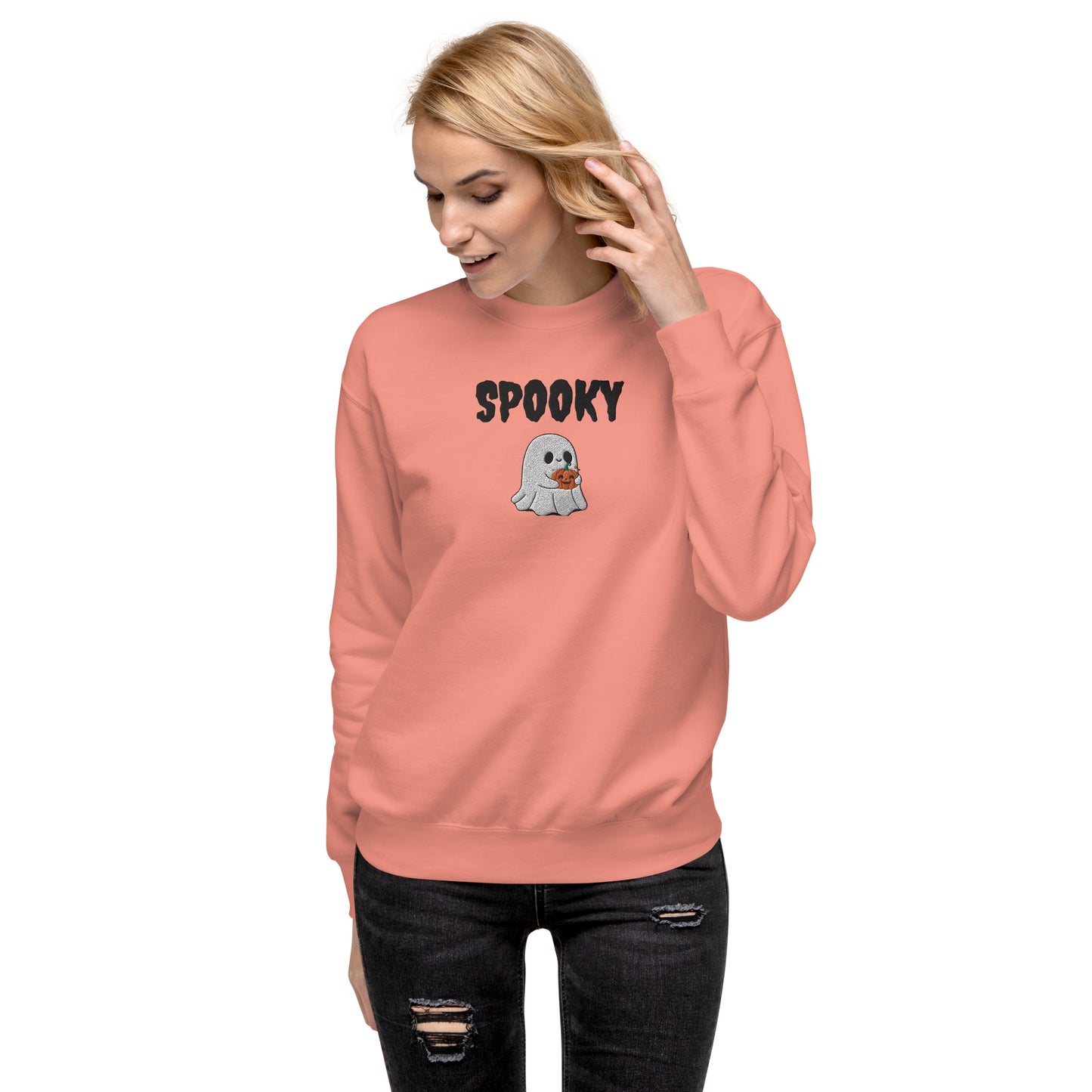 Embroidered Spooky Halloween Sweatshirt - Cozy & Cute Women's Crewneck | Fall Fashion | Ghost Graphic Sweater